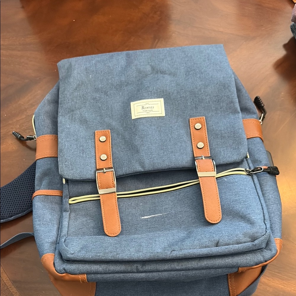 Vintage Blue and Brown Backpack with Leather Straps